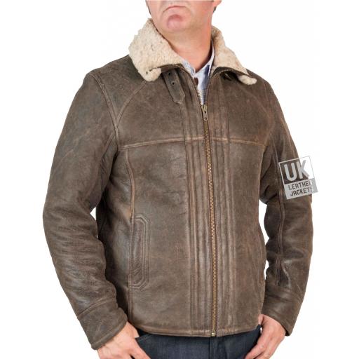 Mens Shearling Sheepskin Flying Jacket - Whistler - Antique Matt Brown - Front