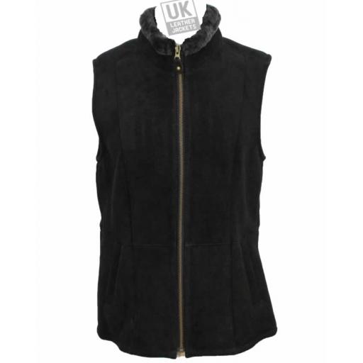 Womens Shearling Sheepskin Zip Gilet - Black Suede - Funnel Neck Collar