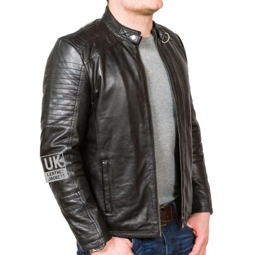 Mens Black Leather Biker Jacket - Theta - Side