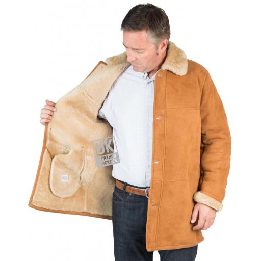 Mens Shearling Sheepskin 3/4 Length Coat - Sunningdale - Tan - Wool Lining