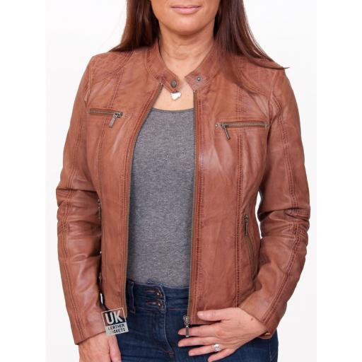 Womens Vintage Tan Leather Jacket - Jasmine - Plus Size  Front