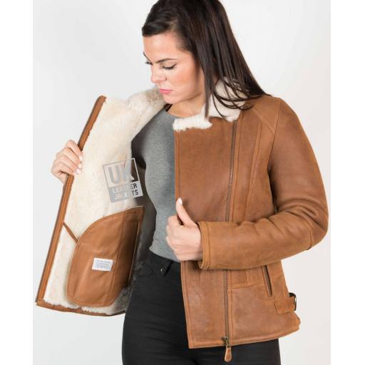 Womens Tan Shearling Sheepskin Flying Jacket - Wool Interior