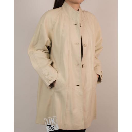 Women's Ivory Leather Swing Coat - Jewel - Front