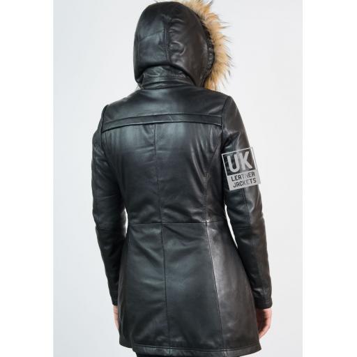 Womens Black Leather Coat - Montana - Detachable Hood - Back