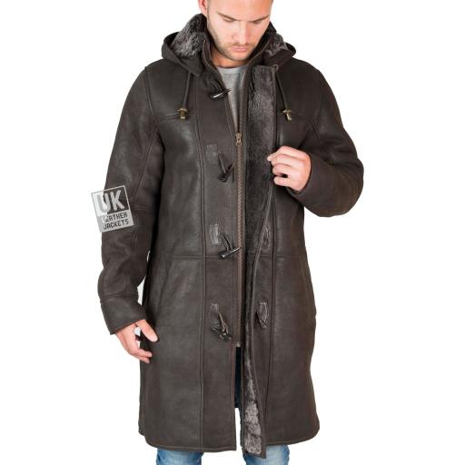 Mens Shearling Sheepskin Duffle Coat - Detach Hood - Colorado - Matt Brown - Zip Panel