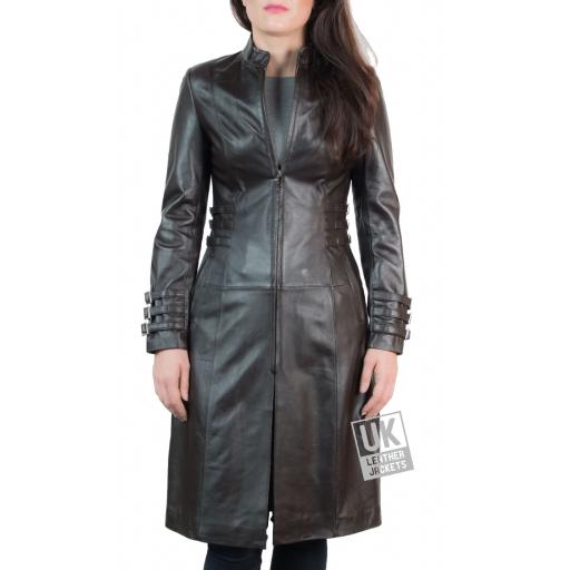 Womens Brown Leather Coat - 7/8th Length - Luxor - Front