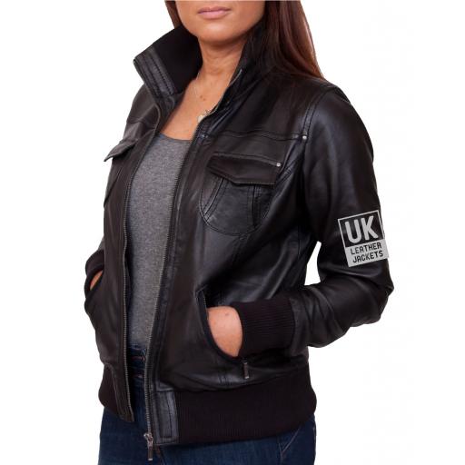 Women's Black Leather Bomber Jacket - Harper - SOLD OUT !