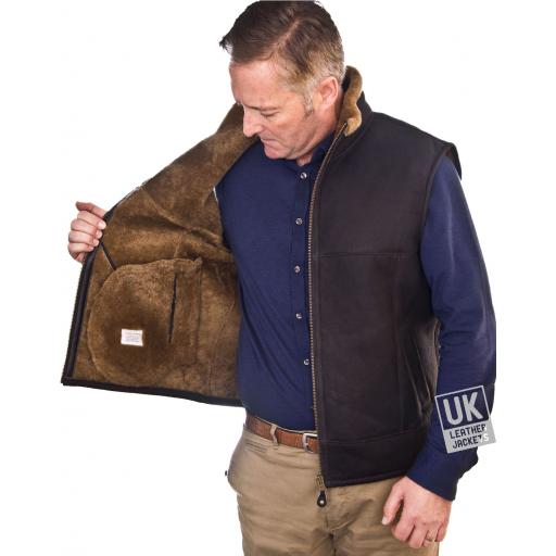 Mens Shearling Sheepskin Gilet - Stirling - Brown Wool Lining