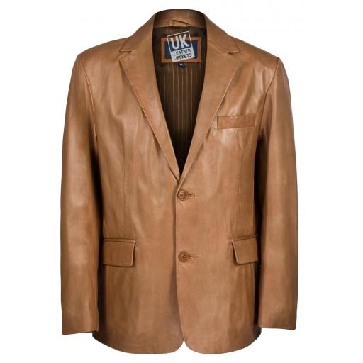 Mens 2 Button Tan Leather Blazer - Single Vent  - Front