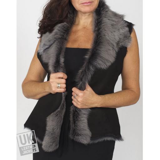 Women's Black Snow Tipped Toscana Sheepskin Gilet - Front