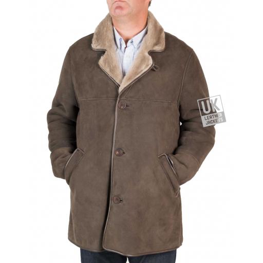 Mens Grey  Shearling Sheepskin Long Jacket - Foxhills - Front