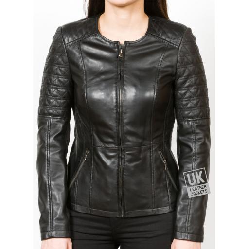 Women's Blue Collarless Leather Jacket - Vienna