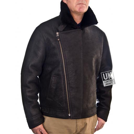 Mens Black Shearling Sheepskin Flying Jacket - Vail - Zipped Front