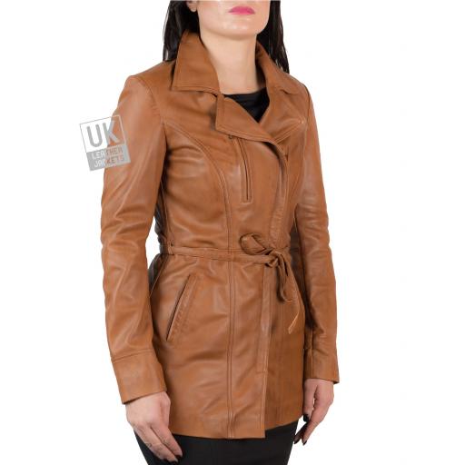 Womens Asymmetric Zip Tan Leather Coat – Hip Length – Eternity - Front Side