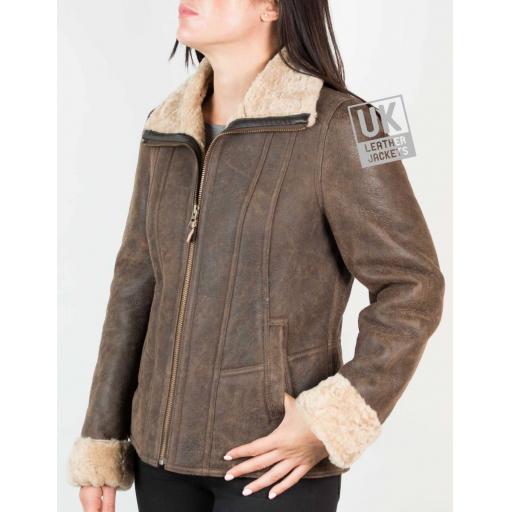 Womens Sheepskin Jacket - Funnel Neck Zip Collar- Lara