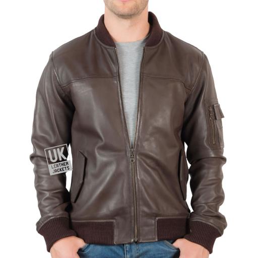 Men's Leather Bomber Jacket in Brown - MA-1 - Front