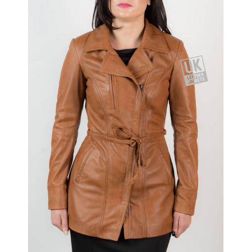 Womens Asymmetric Zip Tan Leather Coat – Hip Length – Eternity - Front 2