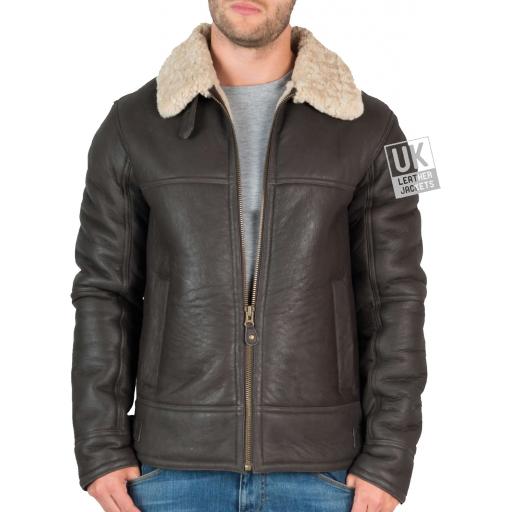 Mens Shearling Sheepskin Flying Jacket - Calgary - Brown Front 2