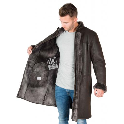 Mens Shearling Sheepskin Duffle Coat - Detach Hood - Colorado - Matt Brown - Full Wool Interior