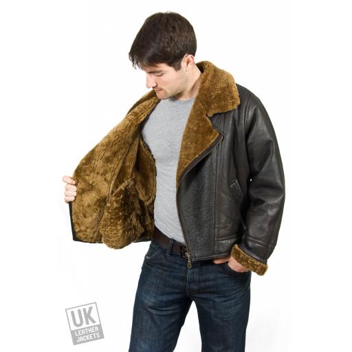 Men's Shearling Sheepskin Flying Jacket - Vintage Aviator - Brown Wool - Lining