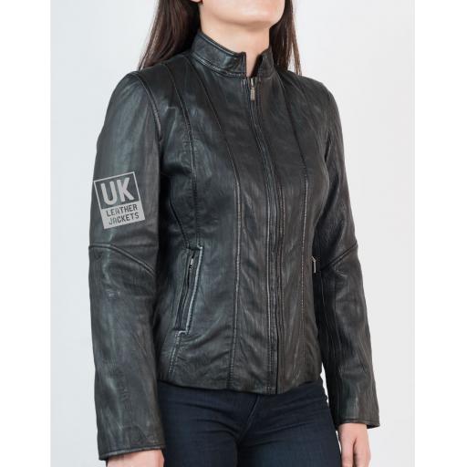 Ladies Black Classic Zip Leather Jacket - Crushed Finish