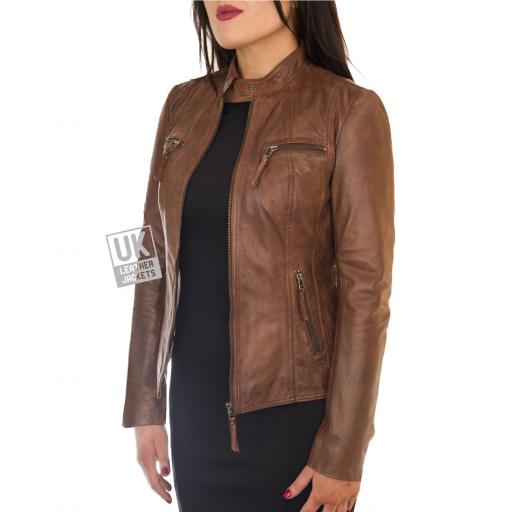 Women's Dark Tan Leather Biker Jacket - Leone