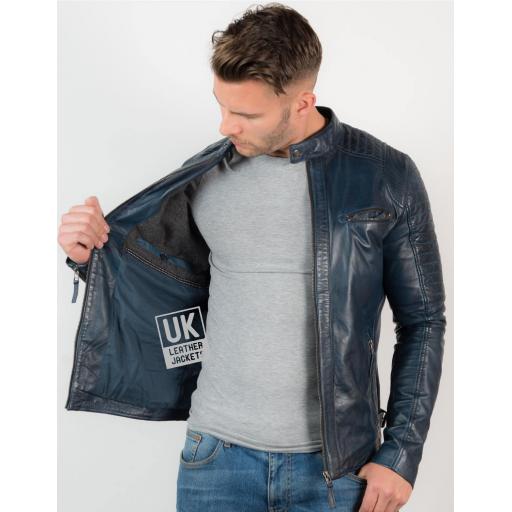 Mens Blue Leather Biker Jacket - Cruz - Lining