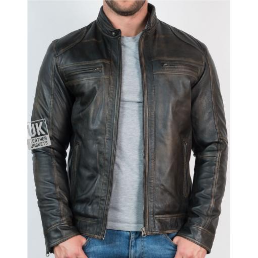 Mens Burnished Black Leather Jacket - Ellin - Front Unzipped