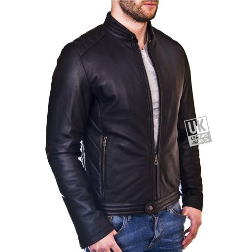 Mens Black Leather Jacket - Omega - Front