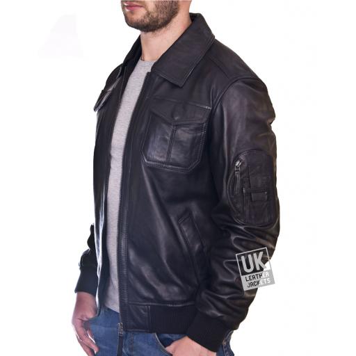 Mens Black Leather Bomber Jacket - Maveric - with Shirt Collar