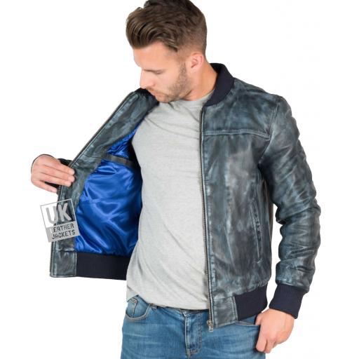 Mens Slim Fit Leather Bomber Jacket - Stone Wash Blue - Lining