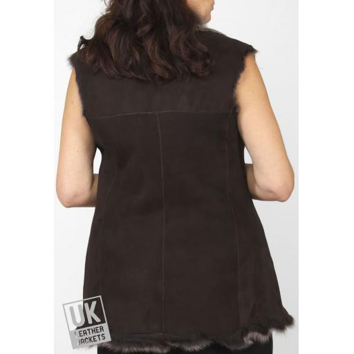 Long Toscana Sheepskin Gilet - Brown Snow Tipped - Rear