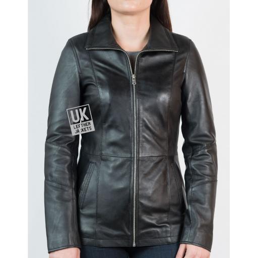 Womens Black Leather Jacket - Amelia - Hip Length - Front 2