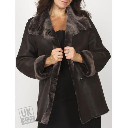 Finest Shearling Sheepskin Hip Length Jacket - Felice - Dark Brown - Front 3