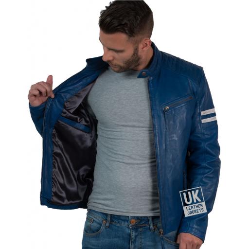 Mens Blue Leather Biker Jacket Octane Blue - Lining