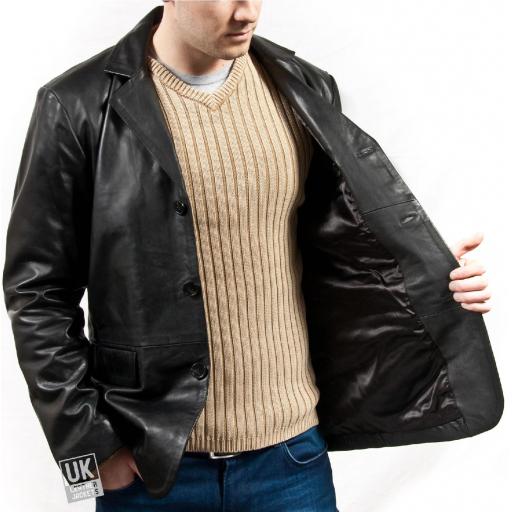 Men's Black Leather Blazer - Grosvenor - Plus Size - Lining