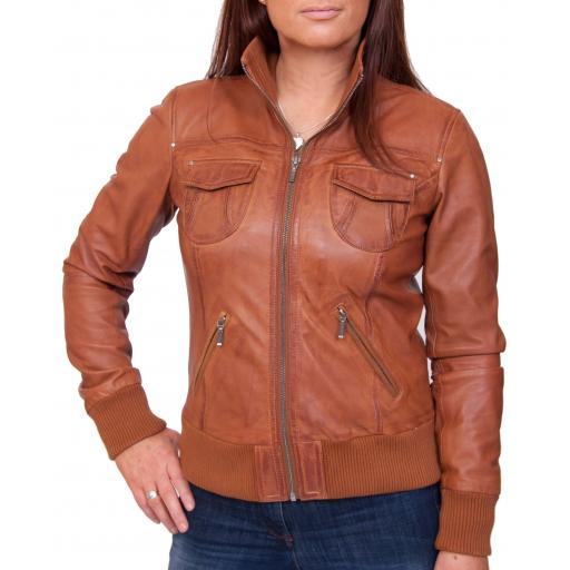 Women's Tan Leather Bomber Jacket - Harper - Front