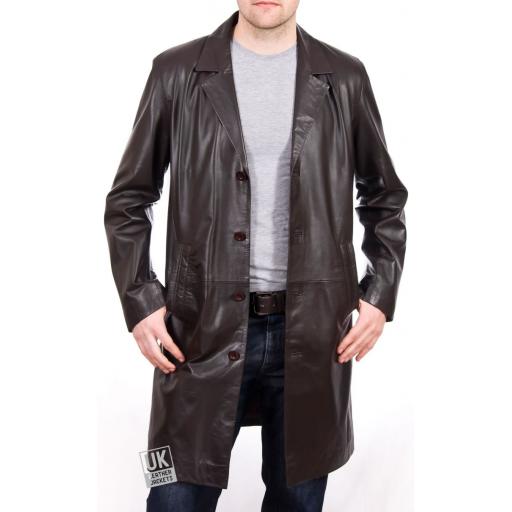 Men's 3/4 Length Brown Leather Coat - Plus Size - Henley  - Main