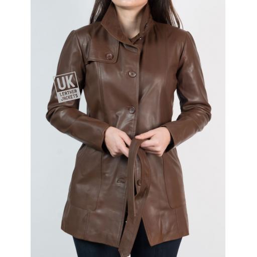 Womens 3/4 Length Brown Leather Coat Jacket - Collar