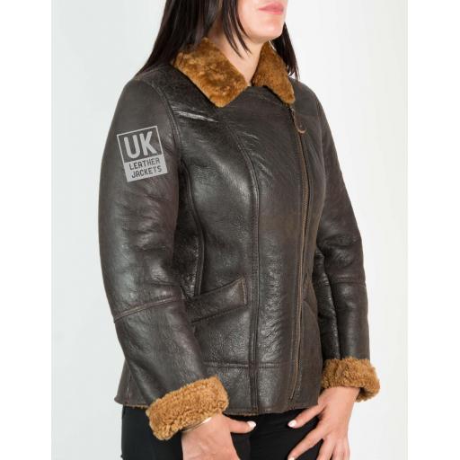 Womens Shearling Sheepskin Jacket - Anara - Brown Wool - Side Zipped