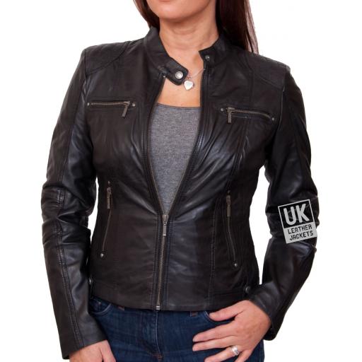 Womens Black Leather Biker Jacket - Jasmine - Front