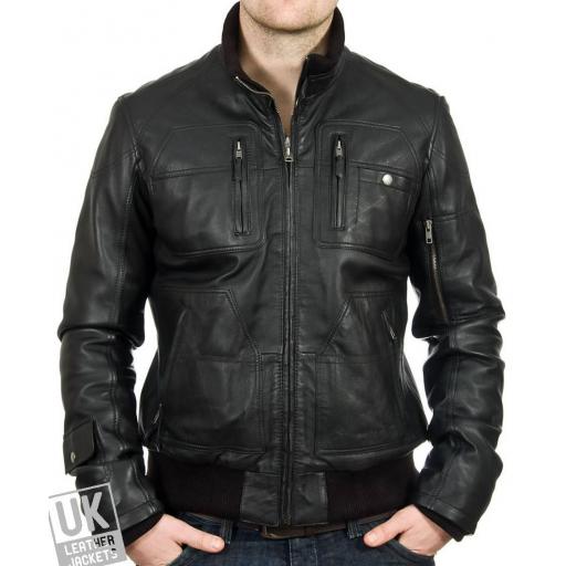 Men's Leather Bomber Jacket in Black - Daytona - Main