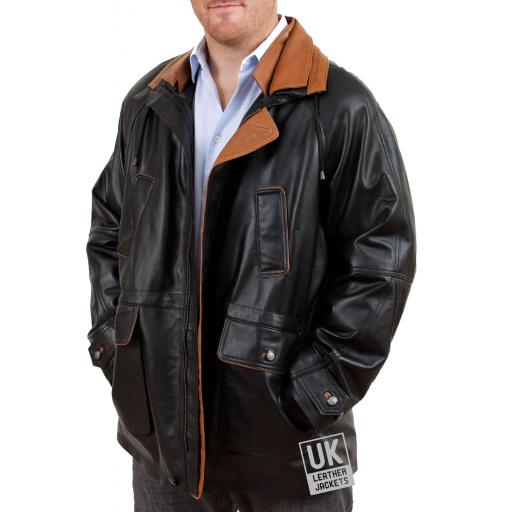 Men's Black Contrast Leather Parka Coat - Huxley - Front