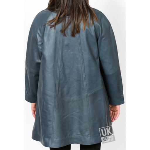 Women's Blue Leather Swing Coat - Plus Size - Delia - Back