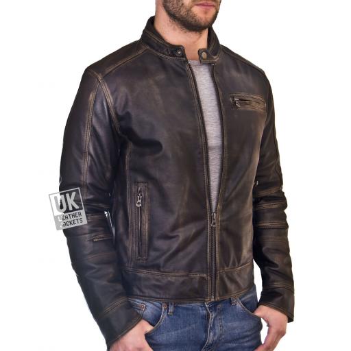 Mens Burnished Black Leather Jacket - Nirvana - Front