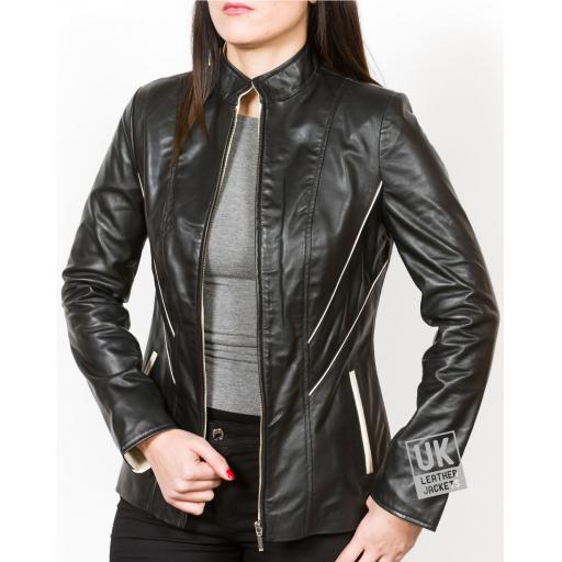 Women's Longer Length Black Leather Jacket - Anais - Open