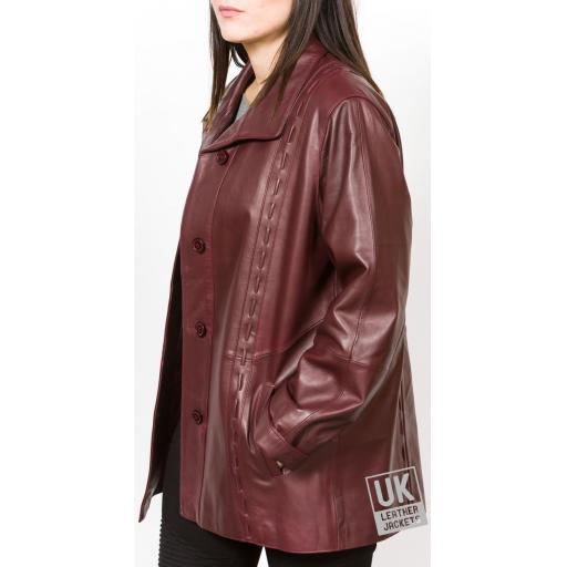 Ladies  3/4 Length Burgundy Leather Coat Jacket - Faith - Main