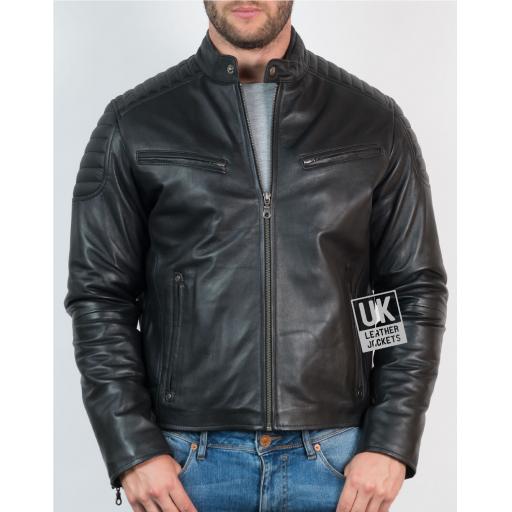 Men’s Black Leather Biker Jacket - Zurich - Front