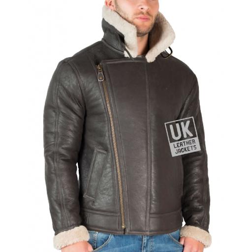 Mens Dark Brown Shearling Sheepskin Flying Jacket - Vail - Wind Collar