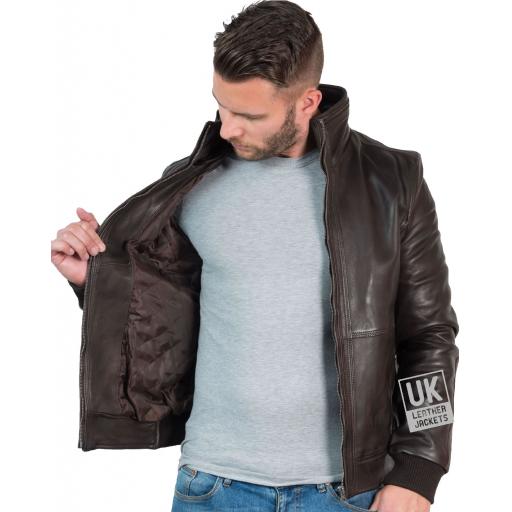 Mens Brown Leather Pilots Jacket - Detach Faux Fleece Collar - Lining